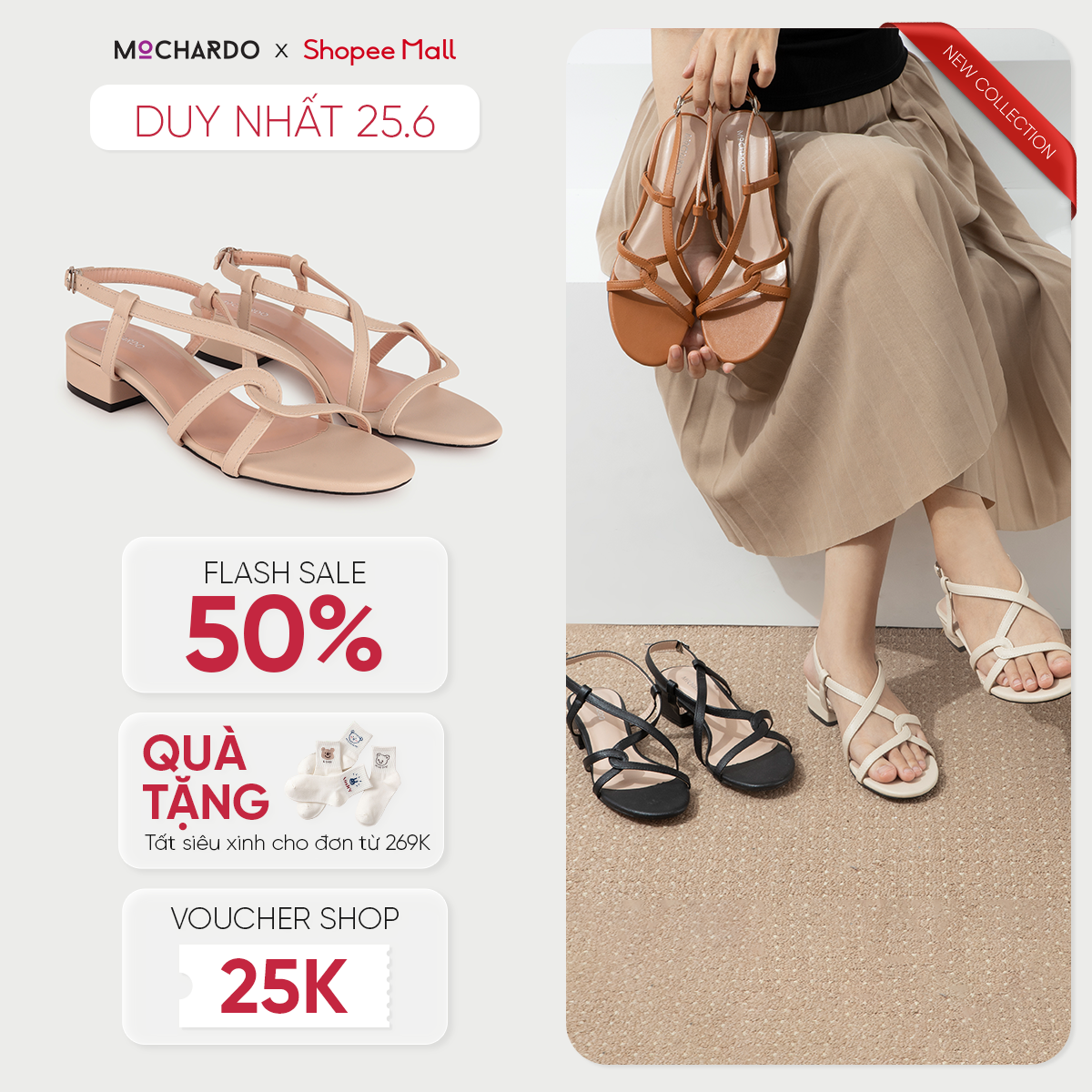 Giày Sandal Nữ Cao Gót Vuông MOCHARDO MC.111 Quai Dây Đan Chéo 3cm 